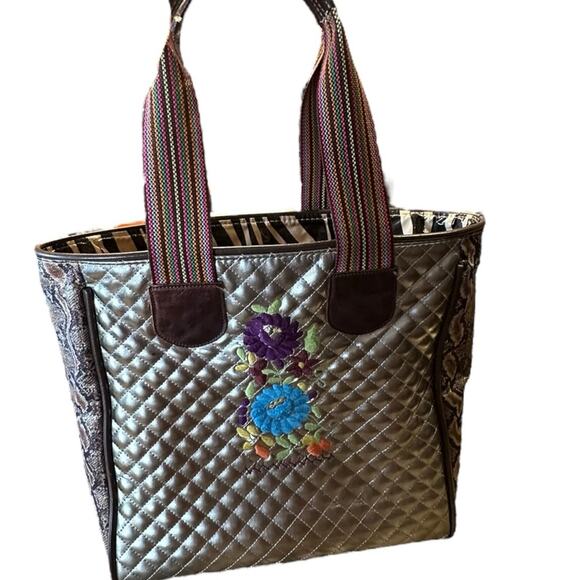 Consuela Women’s Quilted Gold Tote with Embroidered Floral & Logo Snakeskin End - Picture 6 of 11
